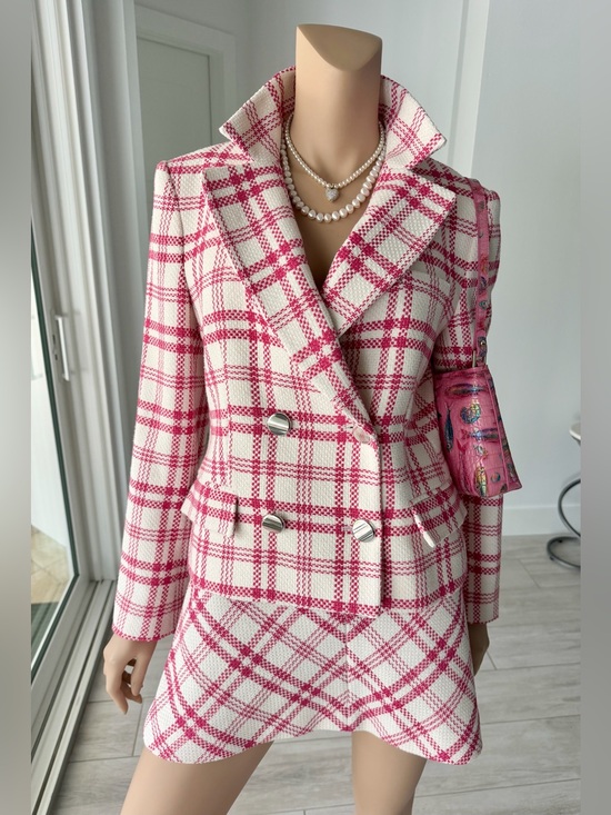 Zara Jackets & Blazers - ZARA Pink & White Plaid Tweed Blazer + Matching Mini Skirt Set – Size L Like New